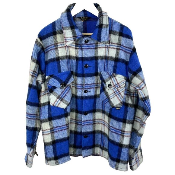 VTG 70's Jacket Shacket Mens Size Medium Wool Thick Blue Plaid Retro Hipster - Picture 1 of 4